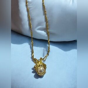 Vintage 14KGP Chain Necklace With Gold Tone Faux Pearl & Rhinestones Pendant
